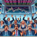 Depict a trading floor scene with realistic details to represent the theme of 'IPO Excitiveness or Bust?' Show brokers of various genders and descents, some exuding optimism with lively expressions and others looking concerned signifying the hidden risks involved. To illustrate the IPO, incorporate a large screen displaying graphs and charts fluctuating wildly - some soaring high while others plummeting down. High definition quality is expected in this image to capture minute details of these human expressions and chart movements.