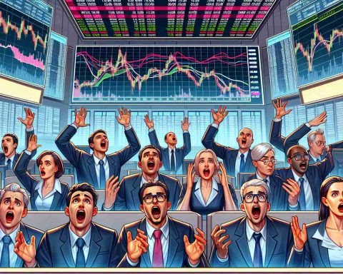 Depict a trading floor scene with realistic details to represent the theme of 'IPO Excitiveness or Bust?' Show brokers of various genders and descents, some exuding optimism with lively expressions and others looking concerned signifying the hidden risks involved. To illustrate the IPO, incorporate a large screen displaying graphs and charts fluctuating wildly - some soaring high while others plummeting down. High definition quality is expected in this image to capture minute details of these human expressions and chart movements.