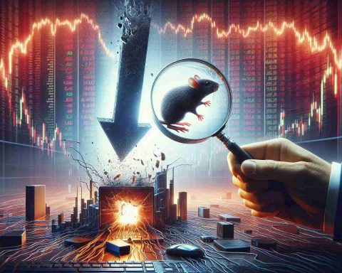 Realistic high-definition image depicting the unexpected reason behind a dramatic drop in a stock's value. The scene captures the high-impact, volatile world of the financial market. A large, distressed arrow plunging downward in the backdrop signifies a major stock crash. A magnifying glass in the foreground reveals an unusual circumstance, like a small rodent inside a computer, symbolizing the unforeseen reason for the stock plunge. The atmosphere is tense and electric with shock and surprise.