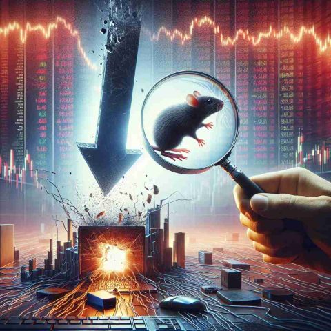 Realistic high-definition image depicting the unexpected reason behind a dramatic drop in a stock's value. The scene captures the high-impact, volatile world of the financial market. A large, distressed arrow plunging downward in the backdrop signifies a major stock crash. A magnifying glass in the foreground reveals an unusual circumstance, like a small rodent inside a computer, symbolizing the unforeseen reason for the stock plunge. The atmosphere is tense and electric with shock and surprise.