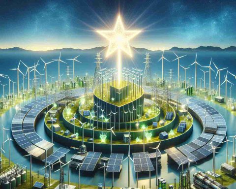 Generate a realistic high-definition image showing the concept of 'Rising Star in Green Energy'. It should illustrate the latest trends and innovations in the green energy sector, possibly visualized with various sustainable energy sources like wind turbines, solar panels, hydroelectric power stations, and batteries storing energy. Furthermore, the 'rising star' could be depicted as a symbolic, bright star ascending over the array of these energy solutions. The image should emphasize a sense of progression, optimism, and future.