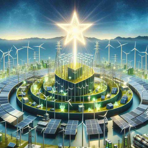 Generate a realistic high-definition image showing the concept of 'Rising Star in Green Energy'. It should illustrate the latest trends and innovations in the green energy sector, possibly visualized with various sustainable energy sources like wind turbines, solar panels, hydroelectric power stations, and batteries storing energy. Furthermore, the 'rising star' could be depicted as a symbolic, bright star ascending over the array of these energy solutions. The image should emphasize a sense of progression, optimism, and future.