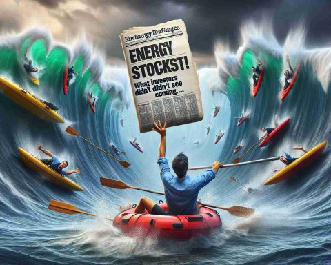 Generate a realistic, high-definition image that tells the story of a drastic decrease in energy stocks. In the scene, portfolios with 'energy stocks' written over them are downward in a manner that represents a fall. Now, shocked investors are thrown into chaos. A paddler in rough seas, trying to stay afloat amidst the towering waves could be used to symbolize the investors' struggle. Also include a broadsheet newspaper with the headline 'Energy Stocks Plummet! What Investors Didn’t See Coming…' It should encapsulate the panic and unexpectedness of a volatile stock market.