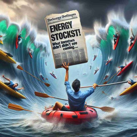 Generate a realistic, high-definition image that tells the story of a drastic decrease in energy stocks. In the scene, portfolios with 'energy stocks' written over them are downward in a manner that represents a fall. Now, shocked investors are thrown into chaos. A paddler in rough seas, trying to stay afloat amidst the towering waves could be used to symbolize the investors' struggle. Also include a broadsheet newspaper with the headline 'Energy Stocks Plummet! What Investors Didn’t See Coming…' It should encapsulate the panic and unexpectedness of a volatile stock market.