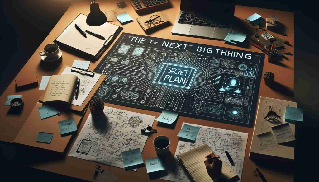 An HD image representing a secret plan which refers to 'The Next Big Thing'. The plan consists of a strategic blueprint displayed on a large circuit board across a table surrounded by notepads, pens, and pieces of paper with written ideas. The time of the day is evening, casting a warm light over the scene.