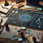 An HD image representing a secret plan which refers to 'The Next Big Thing'. The plan consists of a strategic blueprint displayed on a large circuit board across a table surrounded by notepads, pens, and pieces of paper with written ideas. The time of the day is evening, casting a warm light over the scene.