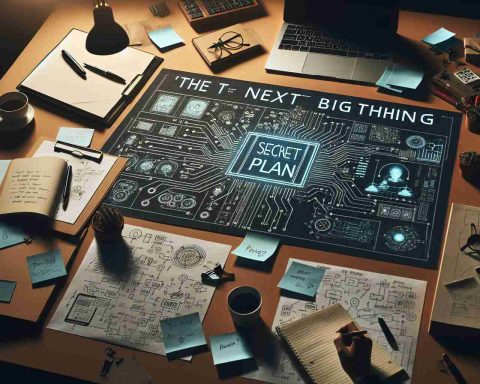 An HD image representing a secret plan which refers to 'The Next Big Thing'. The plan consists of a strategic blueprint displayed on a large circuit board across a table surrounded by notepads, pens, and pieces of paper with written ideas. The time of the day is evening, casting a warm light over the scene.