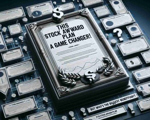 A highly-detailed, realistic image of a certificate or award, labeled as 'Stock Award Plan'. Overlapping this certificate, there's a banner proclaiming: 'This Stock Award Plan is a Game Changer!' This is positioned in a manner which suggests high excitement and anticipation. To add to the aura of mystery, there's a question in the air, hanging just beside the award, asking: 'But Who's the Biggest Beneficiary?'