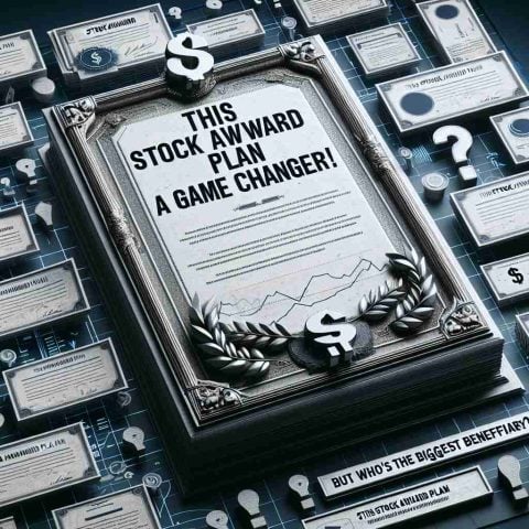 A highly-detailed, realistic image of a certificate or award, labeled as 'Stock Award Plan'. Overlapping this certificate, there's a banner proclaiming: 'This Stock Award Plan is a Game Changer!' This is positioned in a manner which suggests high excitement and anticipation. To add to the aura of mystery, there's a question in the air, hanging just beside the award, asking: 'But Who's the Biggest Beneficiary?'