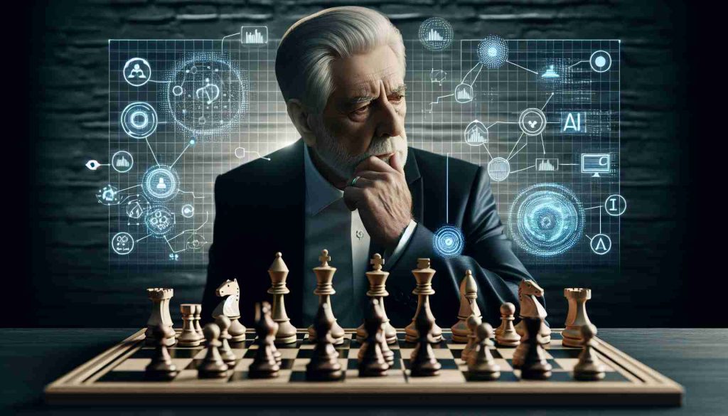 A high-definition, realistic representation of an elderly businessman who isn't a specific real person, but resembles a successful investor, pondering on a chess board with traditional pieces. On the board, symbolic elements are incorporated, such as AI technologies, algorithms and graphs, to signify how AI innovations could influence his investment portfolio's performance.