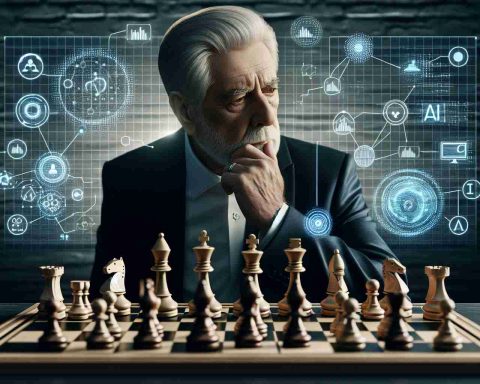 A high-definition, realistic representation of an elderly businessman who isn't a specific real person, but resembles a successful investor, pondering on a chess board with traditional pieces. On the board, symbolic elements are incorporated, such as AI technologies, algorithms and graphs, to signify how AI innovations could influence his investment portfolio's performance.