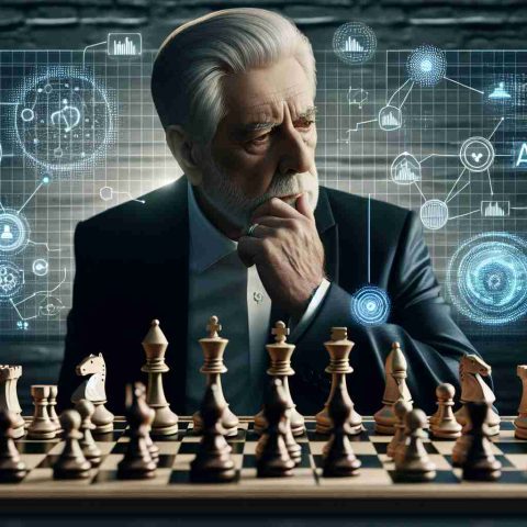 A high-definition, realistic representation of an elderly businessman who isn't a specific real person, but resembles a successful investor, pondering on a chess board with traditional pieces. On the board, symbolic elements are incorporated, such as AI technologies, algorithms and graphs, to signify how AI innovations could influence his investment portfolio's performance.