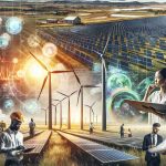 A realistic, high-definition image representing the energy revolution in Kenya. Illustrate a striking horizon with vast fields of solar panels and grand wind turbines spinning. Overlay a heat map indicating areas of high energy production. Populate the scene with diverse characters - an Asian female engineer examining a turbine blueprint, a Black male technician servicing a solar panel, a Middle-Eastern female scientist analyzing data on a tablet and a Caucasian male entrepreneur holding a blueprint of a new eco-friendly project.