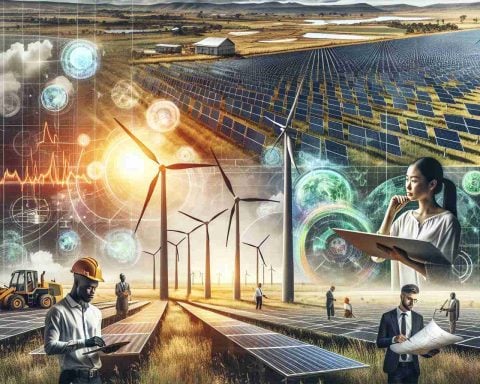 A realistic, high-definition image representing the energy revolution in Kenya. Illustrate a striking horizon with vast fields of solar panels and grand wind turbines spinning. Overlay a heat map indicating areas of high energy production. Populate the scene with diverse characters - an Asian female engineer examining a turbine blueprint, a Black male technician servicing a solar panel, a Middle-Eastern female scientist analyzing data on a tablet and a Caucasian male entrepreneur holding a blueprint of a new eco-friendly project.