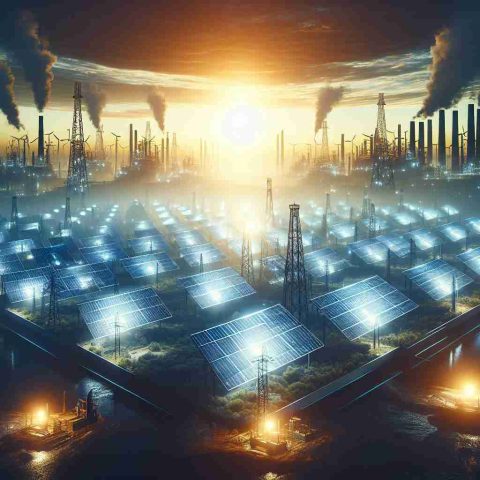 Generate a high-definition, realistic image of a solar energy revolution catalyst, essentially visualizing the concept of solar power as an up-and-coming major energy source. The image could consist of advanced solar panels glowing bright under the sun, possibly set against a backdrop of traditional energy sources like oil rigs or coal mines receding into the shadows. Try to emphasize the contrast between the old and new forms of power generation to symbolize the shift towards clean and renewable energy.