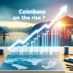 Visual depiction of the concept 'Is Coinbase on the Rise?' illustrating an upward trending graph which symbolizes the surge in the share prices. The graph should have the company's name 'Coinbase' labelled and include a scenic background hinting at a bright and prosperous future. Emphasize on a high definition, realistic style photo.