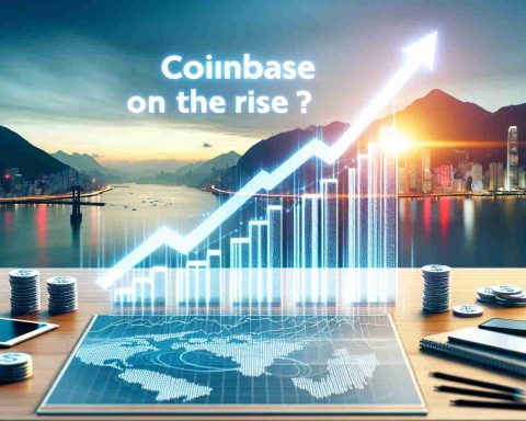 Visual depiction of the concept 'Is Coinbase on the Rise?' illustrating an upward trending graph which symbolizes the surge in the share prices. The graph should have the company's name 'Coinbase' labelled and include a scenic background hinting at a bright and prosperous future. Emphasize on a high definition, realistic style photo.