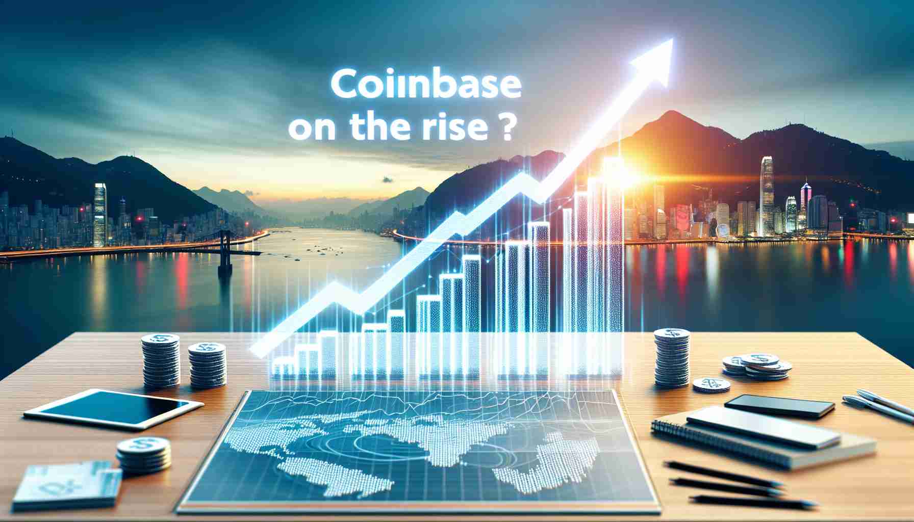 Visual depiction of the concept 'Is Coinbase on the Rise?' illustrating an upward trending graph which symbolizes the surge in the share prices. The graph should have the company's name 'Coinbase' labelled and include a scenic background hinting at a bright and prosperous future. Emphasize on a high definition, realistic style photo.