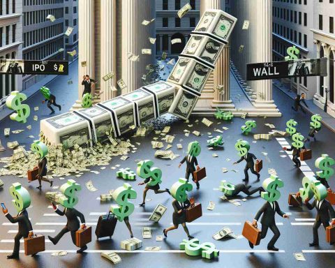 A hyperrealistic HD image meant to visually embody the concept of a shocking decision impacting IPO investors. It should show the aftermath of a figurative giant domino tie falling and causing chaos on a map of Wall Street, with startled dollar-incarnated characters running around in panic, withdrawing their investments hurriedly. Some characters could be seen carrying suitcases filled with money while others are shown hastily using their smartphones for transactions. The color palette should involve shades of green, gold, and charcoal, symbolizing money, wealth, and the corporate world.