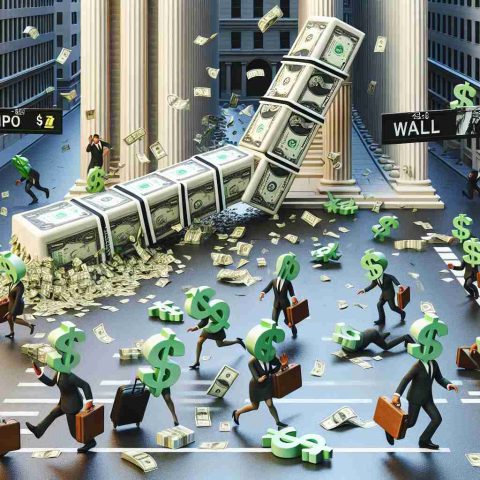 A hyperrealistic HD image meant to visually embody the concept of a shocking decision impacting IPO investors. It should show the aftermath of a figurative giant domino tie falling and causing chaos on a map of Wall Street, with startled dollar-incarnated characters running around in panic, withdrawing their investments hurriedly. Some characters could be seen carrying suitcases filled with money while others are shown hastily using their smartphones for transactions. The color palette should involve shades of green, gold, and charcoal, symbolizing money, wealth, and the corporate world.