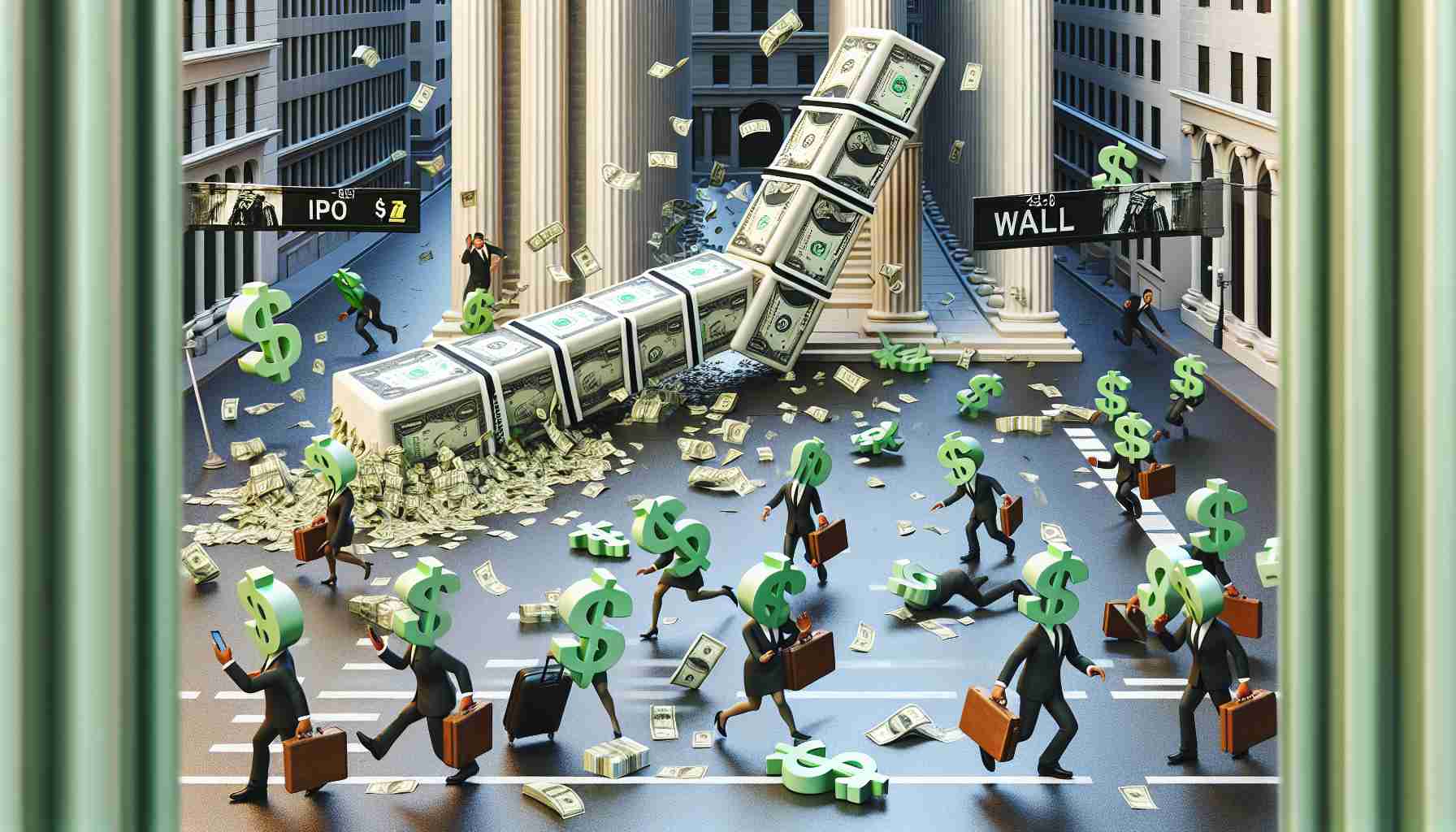 A hyperrealistic HD image meant to visually embody the concept of a shocking decision impacting IPO investors. It should show the aftermath of a figurative giant domino tie falling and causing chaos on a map of Wall Street, with startled dollar-incarnated characters running around in panic, withdrawing their investments hurriedly. Some characters could be seen carrying suitcases filled with money while others are shown hastily using their smartphones for transactions. The color palette should involve shades of green, gold, and charcoal, symbolizing money, wealth, and the corporate world.