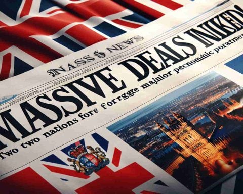 Detail-rich, high definition image featuring a headline text reading 'Massive Deals Inked! Two Nations Forge Major Economic Partnership'. The headline is probably on a newspaper or digital media platform, styled in bold and captivating fonts. Next to the headline, there should be an image capturing the representative insignia or flags of the two partnering nations, symbolizing their unity and collaboration.