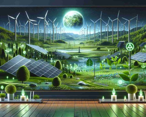 Display a realistic, high-definition image representing the concept of green ambitions and a silent revolution unfolding. This could include verdant landscapes lit by renewable energy sources like solar panels and wind turbines, intermixed with symbols of peaceful change such as sprouting seedlings and silent protest signs.