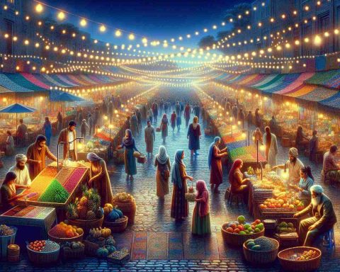 Generate a high-definition, true-to-life image capturing the ebb and flow of a marketplace amidst dazzling festival lights. This setting serves as a symbolic representation of the emerging investment landscape. Picture street vendors busily trading their wares. The people consist of a diverse range of genders and descents, such as a Caucasian woman selling handmade jewelry, a Hispanic man dealing with exotic fruits, a South Asian woman showcasing vibrant textiles, and a Middle-Eastern man trading antique items. The festival lights further enhance the beauty of the colorful and dynamic atmosphere.