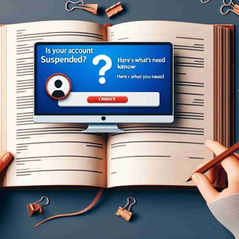 Create an HD realistic picture that clearly represents the concept 'Is Your Account Suspended? Here’s What You Need to Know'. It could be a close-up of a computer screen displaying an account suspension notification from an unspecified service, alongside a question mark and a book or document symbolizing gaining knowledge.