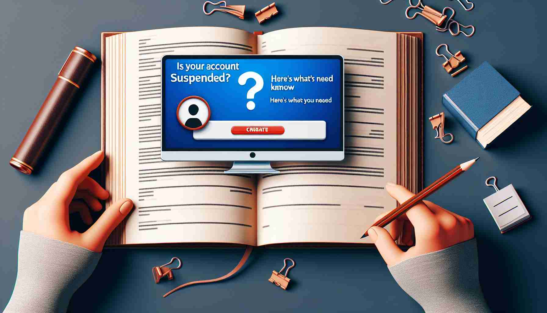 Create an HD realistic picture that clearly represents the concept 'Is Your Account Suspended? Here’s What You Need to Know'. It could be a close-up of a computer screen displaying an account suspension notification from an unspecified service, alongside a question mark and a book or document symbolizing gaining knowledge.