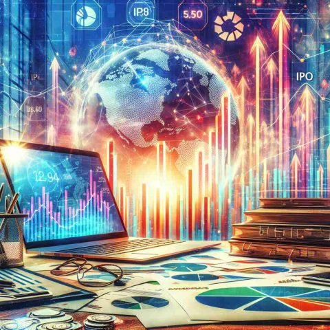 Create a high definition, realistic image symbolizing the excitement surrounding the Initial Public Offering (IPO) of a tech-based startup. Show a vibrant setting with rising graphs and stacks of documents to represent the anticipation and preparation for the event. Also, include a globe symbol in the background, suggesting global market investment interest. The dominant theme should be a sense of exhilaration and potential growth.