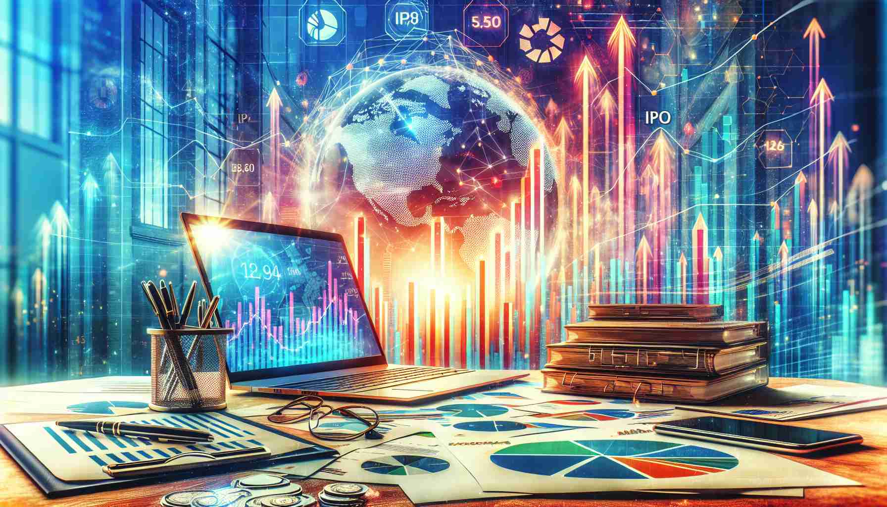 Create a high definition, realistic image symbolizing the excitement surrounding the Initial Public Offering (IPO) of a tech-based startup. Show a vibrant setting with rising graphs and stacks of documents to represent the anticipation and preparation for the event. Also, include a globe symbol in the background, suggesting global market investment interest. The dominant theme should be a sense of exhilaration and potential growth.