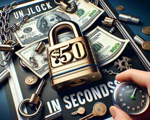 Generate a realistic high definition image of a promotional flyer with the title 'Unlock $50 in Seconds!' in bold, captivating font at the center. Surround the title with inviting images of a glossy metallic lock being opened, a crisp $50 bill, and a detailed sand clock to symbolize seconds. The art composition should hint at the excitement and thrill associated with the quick financial reward.