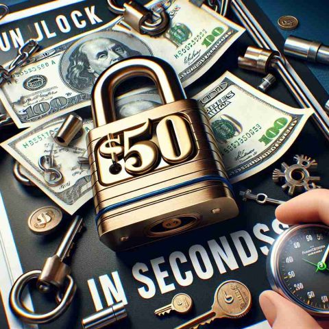 Generate a realistic high definition image of a promotional flyer with the title 'Unlock $50 in Seconds!' in bold, captivating font at the center. Surround the title with inviting images of a glossy metallic lock being opened, a crisp $50 bill, and a detailed sand clock to symbolize seconds. The art composition should hint at the excitement and thrill associated with the quick financial reward.