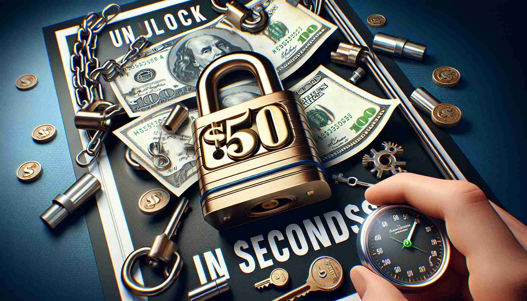 Generate a realistic high definition image of a promotional flyer with the title 'Unlock $50 in Seconds!' in bold, captivating font at the center. Surround the title with inviting images of a glossy metallic lock being opened, a crisp $50 bill, and a detailed sand clock to symbolize seconds. The art composition should hint at the excitement and thrill associated with the quick financial reward.