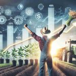 Create a high-definition, realistic image of a farmer celebrating an immense victory, with a backdrop signifying substantial profit. The backdrop should hint at elements influencing this growth, such as flourishing crops, advanced farming machinery, and favorable weather conditions.