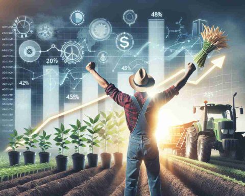 Create a high-definition, realistic image of a farmer celebrating an immense victory, with a backdrop signifying substantial profit. The backdrop should hint at elements influencing this growth, such as flourishing crops, advanced farming machinery, and favorable weather conditions.