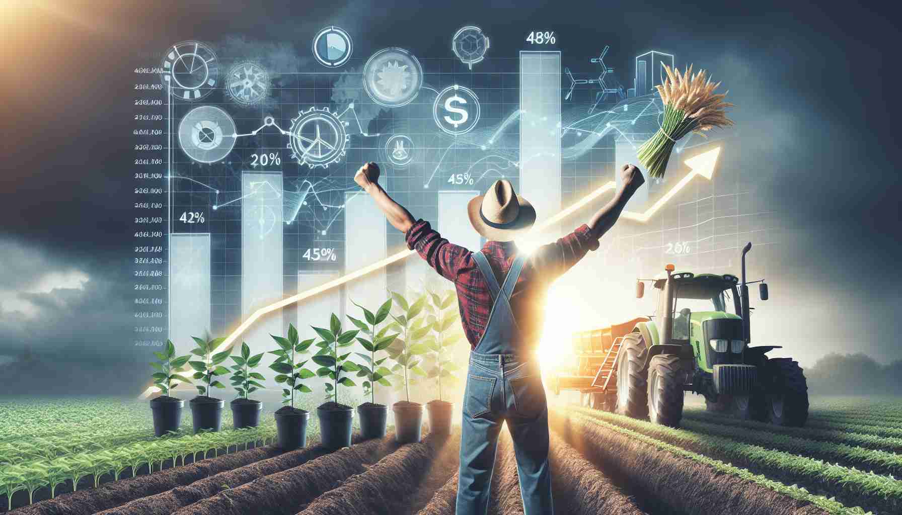 Create a high-definition, realistic image of a farmer celebrating an immense victory, with a backdrop signifying substantial profit. The backdrop should hint at elements influencing this growth, such as flourishing crops, advanced farming machinery, and favorable weather conditions.