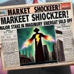 A high-definition, realistic image of a significant event in a fictional marketplace. A headliner text, in bold and eye-catching font, lays over top of the image reading 'Market Shocker! Major Stake in Imaginary Energy Giant Sold Off'. This is accompanied by a depiction of paper stocks, symbolic of sale or exchange of major stakes, with energy symbols (like a lightning bolt) printed on them representing the energy conglomerate in the fictional world.