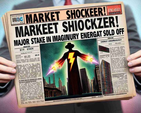 A high-definition, realistic image of a significant event in a fictional marketplace. A headliner text, in bold and eye-catching font, lays over top of the image reading 'Market Shocker! Major Stake in Imaginary Energy Giant Sold Off'. This is accompanied by a depiction of paper stocks, symbolic of sale or exchange of major stakes, with energy symbols (like a lightning bolt) printed on them representing the energy conglomerate in the fictional world.