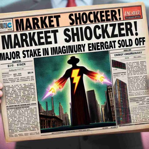 A high-definition, realistic image of a significant event in a fictional marketplace. A headliner text, in bold and eye-catching font, lays over top of the image reading 'Market Shocker! Major Stake in Imaginary Energy Giant Sold Off'. This is accompanied by a depiction of paper stocks, symbolic of sale or exchange of major stakes, with energy symbols (like a lightning bolt) printed on them representing the energy conglomerate in the fictional world.