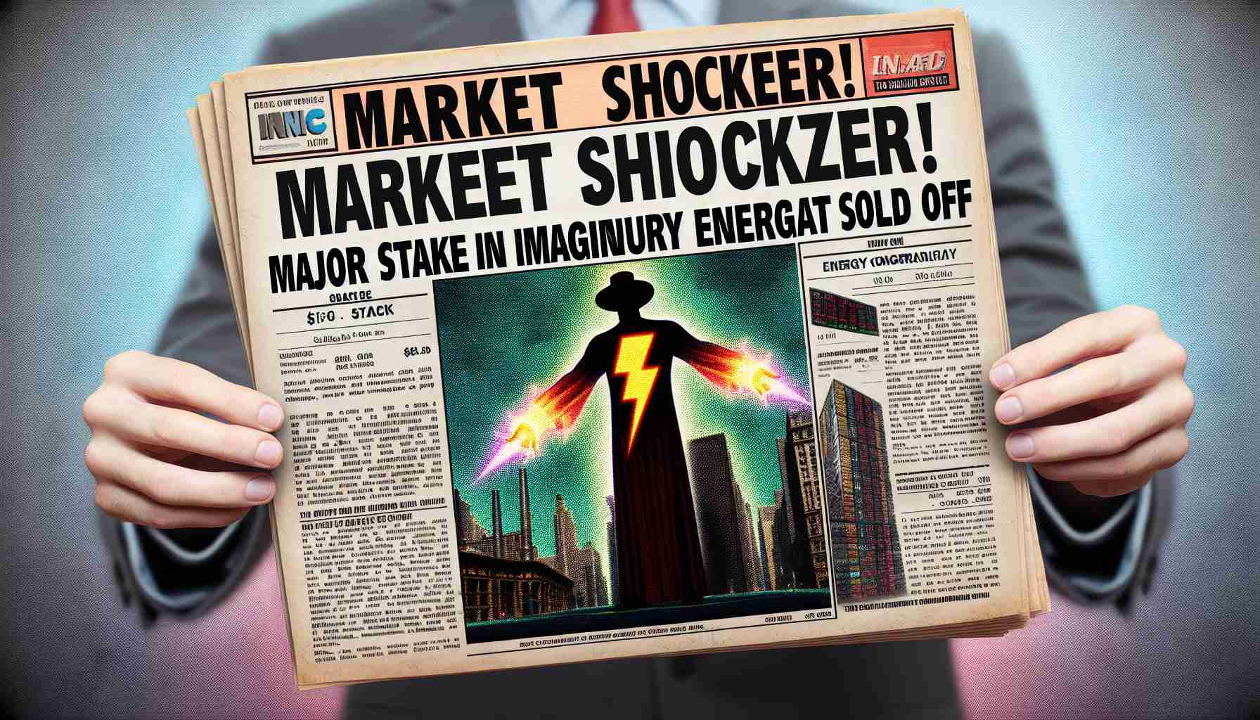 A high-definition, realistic image of a significant event in a fictional marketplace. A headliner text, in bold and eye-catching font, lays over top of the image reading 'Market Shocker! Major Stake in Imaginary Energy Giant Sold Off'. This is accompanied by a depiction of paper stocks, symbolic of sale or exchange of major stakes, with energy symbols (like a lightning bolt) printed on them representing the energy conglomerate in the fictional world.