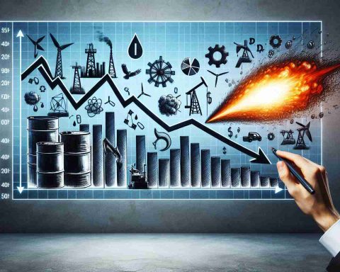 Visualize an HD picture that represents the concept of energy stocks taking a drastic plunge. This could be represented by a falling graph line or bar chart with symbols or images representing common forms of energy like oil drums, wind turbines, or solar panels. Additionally, picture a spark or explosion off to the side of the graph, representing the unexpected cause of the downturn. This conceptual image works as a metaphor for the given situation.