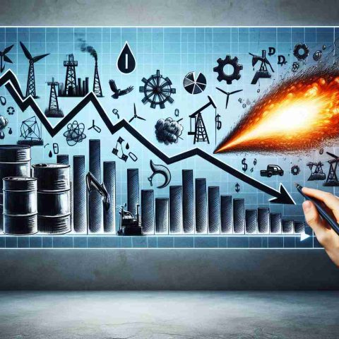 Visualize an HD picture that represents the concept of energy stocks taking a drastic plunge. This could be represented by a falling graph line or bar chart with symbols or images representing common forms of energy like oil drums, wind turbines, or solar panels. Additionally, picture a spark or explosion off to the side of the graph, representing the unexpected cause of the downturn. This conceptual image works as a metaphor for the given situation.