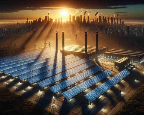 A realistic HD image of a large solar energy plant as sunset begins, casting long shadows of the solar panels. The place conveys a sense of abandonment with no customers or workers in sight. This could be due to a major snag or interruption in the plant's functioning, leaving the surrounding area in darkness without solar energy. Nearby, there's a city skyline with all of its towering buildings cast into shadow, indicating power outage. The darkened city contrasts sharply with the last rays of the sunlight, emphasizing the problem of energy interruption.