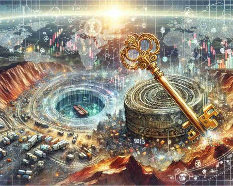 Illustration of a country known for its rich mineral resources, unlocking a mineral treasure. The image shows a vast landscape filled with bountiful mineral deposits, and bustling with mining activities. The symbolic representation of the 'unlocking' could be a huge, ornate, ancient key turning in a massive lock embedded in the rocky terrain. Also, illustrate dynamic global market components such as trading screens, currency symbols, and arrows showing market trends in the sky above, reflecting the impact of this event on global markets. Ensure to maintain an air of realism and high definition in the image.