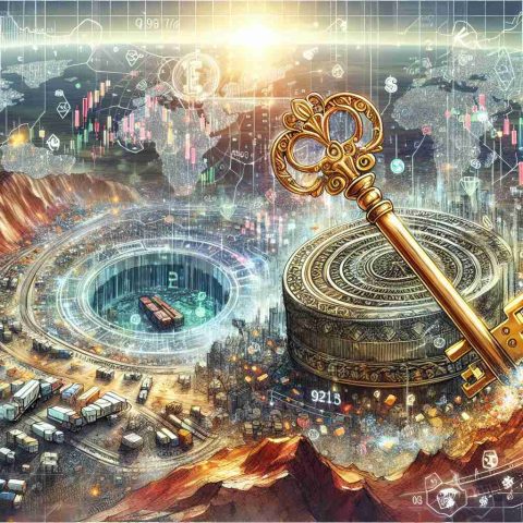 Illustration of a country known for its rich mineral resources, unlocking a mineral treasure. The image shows a vast landscape filled with bountiful mineral deposits, and bustling with mining activities. The symbolic representation of the 'unlocking' could be a huge, ornate, ancient key turning in a massive lock embedded in the rocky terrain. Also, illustrate dynamic global market components such as trading screens, currency symbols, and arrows showing market trends in the sky above, reflecting the impact of this event on global markets. Ensure to maintain an air of realism and high definition in the image.