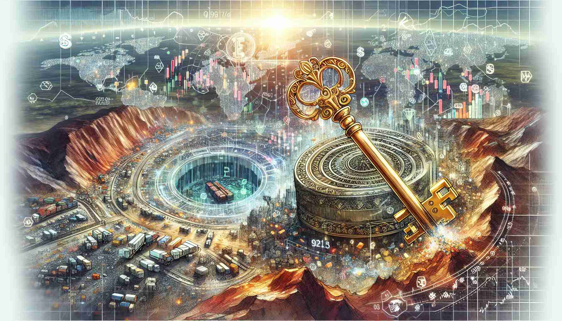 Illustration of a country known for its rich mineral resources, unlocking a mineral treasure. The image shows a vast landscape filled with bountiful mineral deposits, and bustling with mining activities. The symbolic representation of the 'unlocking' could be a huge, ornate, ancient key turning in a massive lock embedded in the rocky terrain. Also, illustrate dynamic global market components such as trading screens, currency symbols, and arrows showing market trends in the sky above, reflecting the impact of this event on global markets. Ensure to maintain an air of realism and high definition in the image.