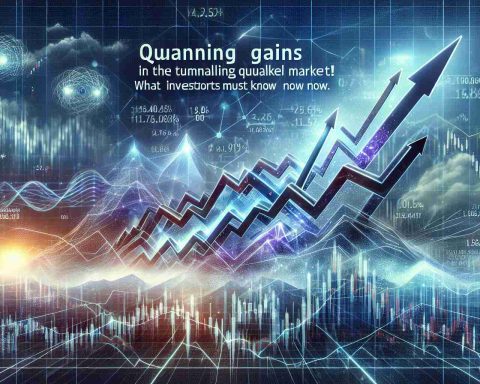 Generate a realistic HD depiction that conveys the concept of substantial progress in a volatile market environment. Illustrate the abstract notion of 'Quantum Leap' by perhaps signifying large upward arrows, stock market graphs showing sharp rises, unpredictable fluctuations, and other relevant symbology. Include a banner or headline in the image reading: 'Stunning Gains in a Tumultuous Market! What Investors Must Know Now.'