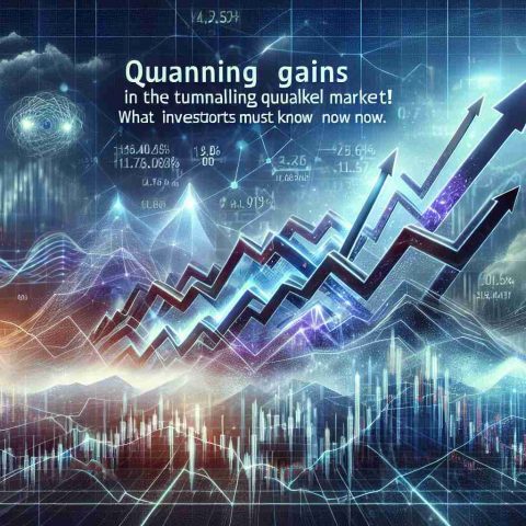 Generate a realistic HD depiction that conveys the concept of substantial progress in a volatile market environment. Illustrate the abstract notion of 'Quantum Leap' by perhaps signifying large upward arrows, stock market graphs showing sharp rises, unpredictable fluctuations, and other relevant symbology. Include a banner or headline in the image reading: 'Stunning Gains in a Tumultuous Market! What Investors Must Know Now.'